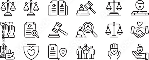 Canvas-taulu Scales of Justice Legal Icons Set with Court, Law Document, Handshake, and Prote