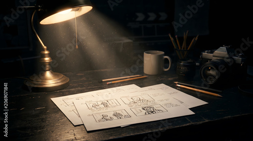 Storyboard Sketches on Desk under Warm Desk Lamp Light.