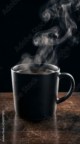 Hot Coffee in Black Mug on Wooden Table.