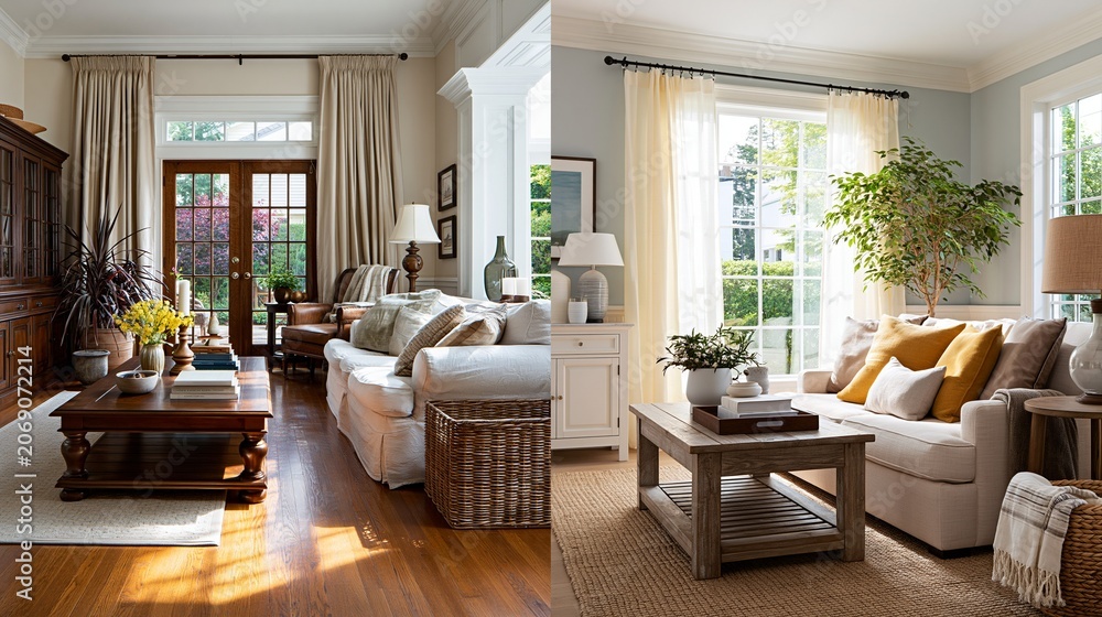 Fototapeta premium A split interior scene contrasts dated home decor with fresh updates: one side shows heavy drapes, dark wood, and mismatched accessories; the other features airy curtains, light upholstery, clean