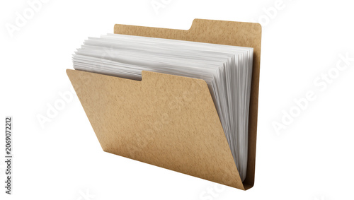 Tableau sur toile Brown cardboard file folder holding stack of white paper sheets, isolated on tra