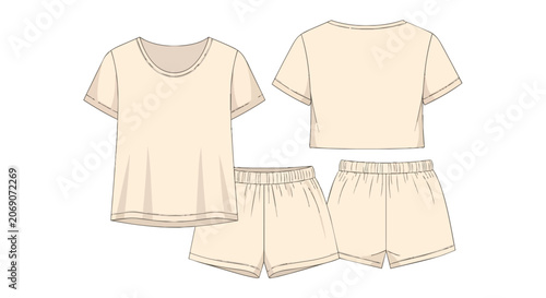 Women's Loungewear Set Technical Drawing with Short Sleeve Crop Top and Elastic Waist Shorts Flat Sketch