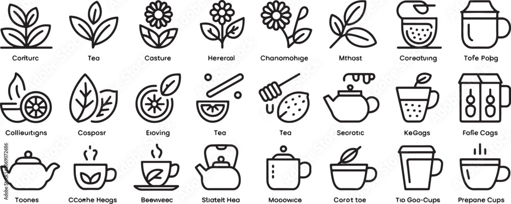 Fototapeta premium Tea Cup and Kettle Icon Set with Minimalist Black Outline Flowers, Leaves, and Drink Symbols for Branding