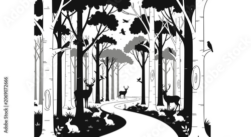 Photography Black and White Forest Landscape with Wildlife Silhouette