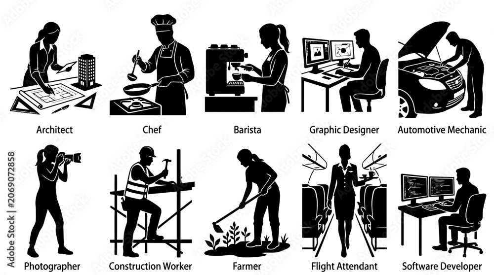 Fototapeta premium Professional Job Occupation Silhouette Set Ten Worker Career Icons