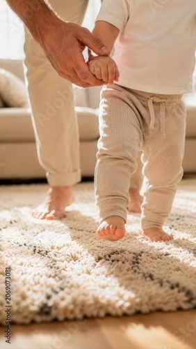 Father helping toddler walk at home