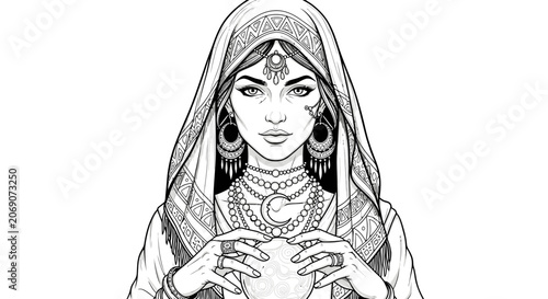 Bild auf Leinwand Black and White Illustration of a Beautiful Fortune Teller
