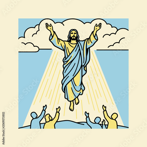 Jesus Christ ascends to heaven in a vintage comic art style