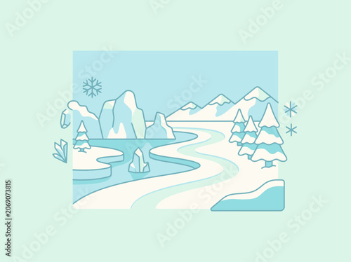 Minimalist flat vector of a snowy mountain winter landscape