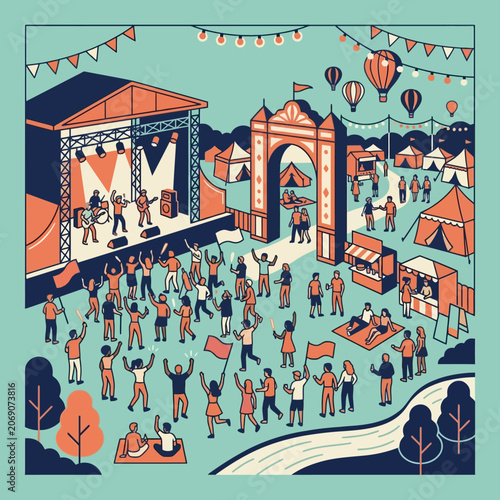 Crowds enjoy a vibrant outdoor music festival at sunset