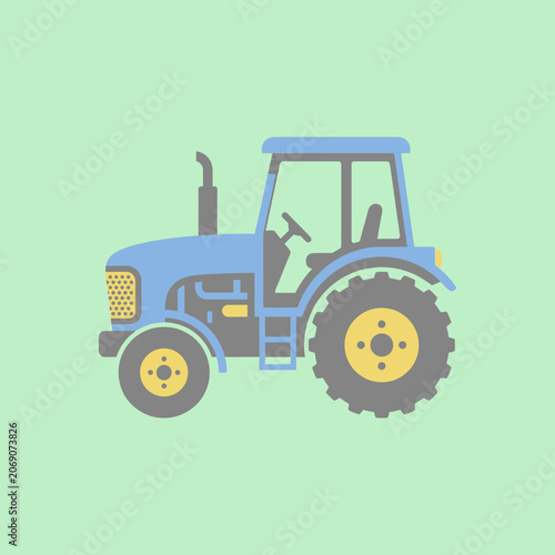 Stylized blue agricultural tractor on a light green background
