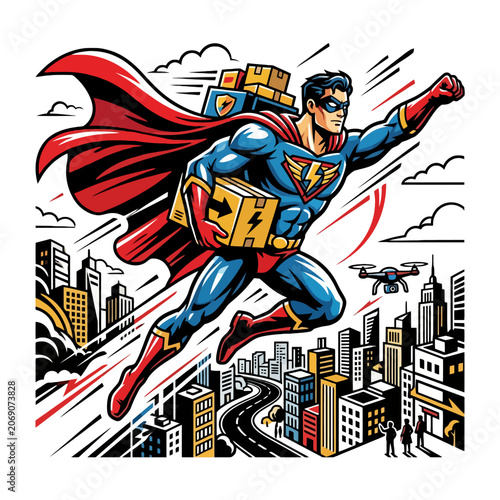A dynamic superhero soars above a busy city skyline