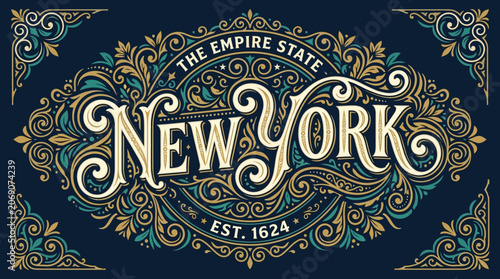 New York City: Intricate Vintage Emblem, The Empire State, Decorative Design