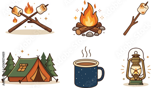 Camping Adventure Cartoon Icons Set – Outdoor Travel, Campfire and Hiking Equipment Collection .