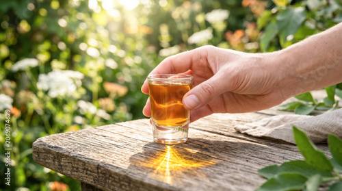 Hand Holding Glass Whiskey Nature Scene