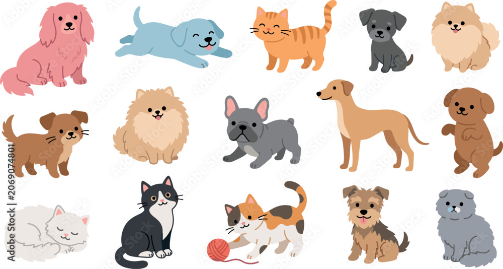 Obraz premium Kawaii dog and cat illustration pack with french bulldog pomeranian calico kitten and terrier breeds for kids stickers and greeting cards