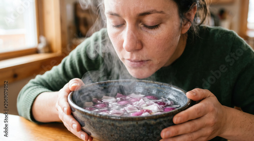 Woman Enjoying Aromatic Floral Tea Cozy Wooden Table