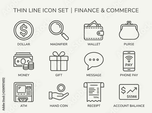 Finance and commerce thin line icons.