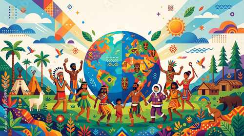 Global Harmony Illustration Featuring Diverse People Holding Hands Around a Stylized Earth Representing World Unity and Cultural Inclusion