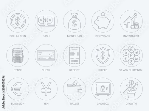 Financial icons and currency symbols.