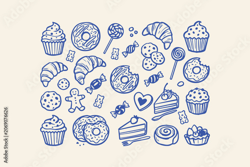 Foto Hand drawn doodle set of sweet desserts and sugary treats including cupcakes don