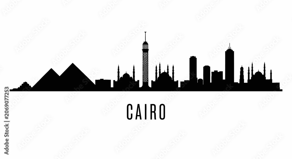 Obraz premium Cairo city skyline silhouette with pyramids and landmarks, monochrome