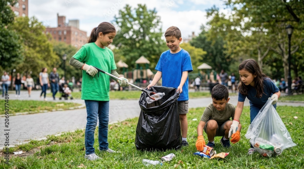 Obraz premium Children pick up trash in a city park while participating in a community cleanup activity. The scene highlights environmental awareness, sustainability, and volunteer service focused.