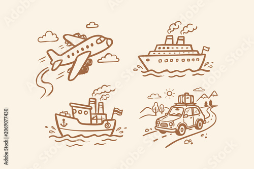Set of hand drawn travel icons featuring airplane cruise ship cargo vessel and car for vacation and transport themes Vector, illustration