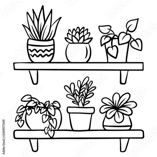 A black and white line drawing of six potted plants arranged on two shelves with U-shaped brackets on a white background. Doodle