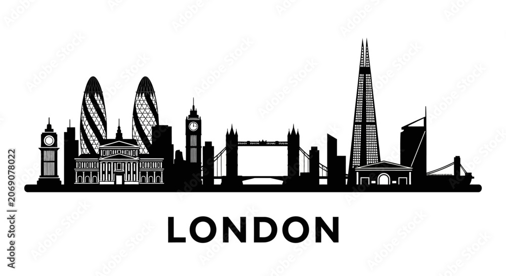 Obraz premium London City Skyline Silhouette - Iconic Landmarks, Monochrome Vector