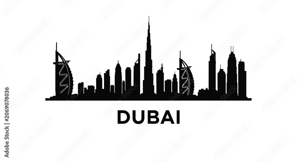 Fototapeta premium Dubai Skyline Silhouette: Iconic Cityscape Vector Illustration