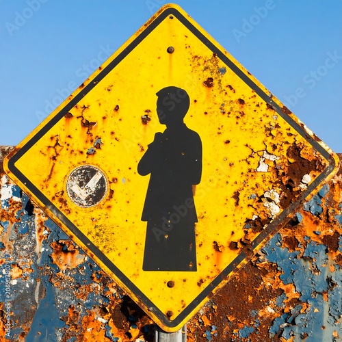 Rusty Yellow Caution Sign with Male Silhouette on Corroded Metal Surface