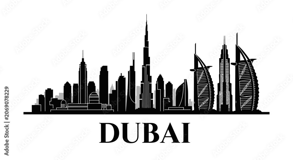 Obraz premium Dubai Skyline Silhouette - Architectural Iconography Against White