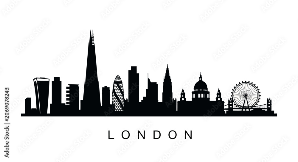 Obraz premium London Cityscape Silhouette Vector Art - Famous Landmarks Black and White