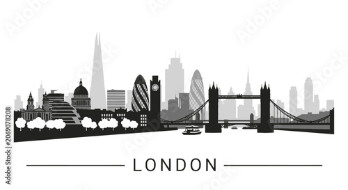 London Cityscape Silhouette in Black and White, Iconic Landmarks