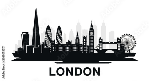 London Cityscape Silhouette in Black and White, Iconic Landmarks