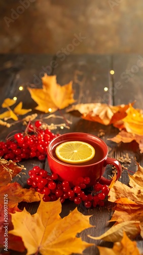Warm Red Tea Cup with Lemon Slice Surrounded by Autumn Leaves on Rustic Wooden Table