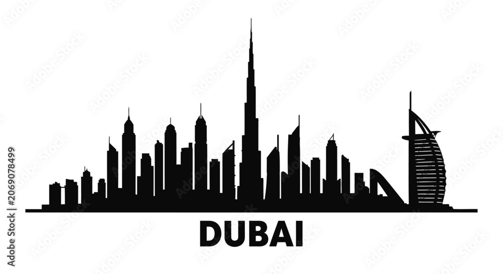 Obraz premium Dubai Skyline Silhouette Black and White Illustration