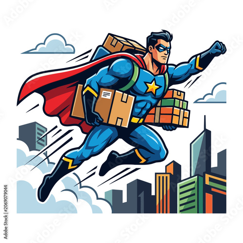 Foto Dynamic superhero delivery in a bustling cityscape
