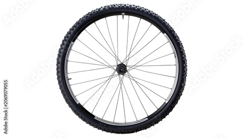 Isolated modern black mountain bike wheel with rugged rubber tire and metal spokes