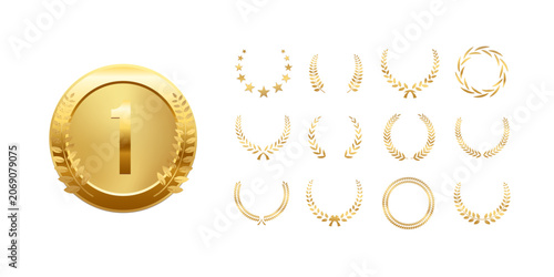 Gold award medals with laurel wreath. Golden medals with number one and leaf wreath on white background. 3d metal winner emblems. Realistic vector illustrations set.