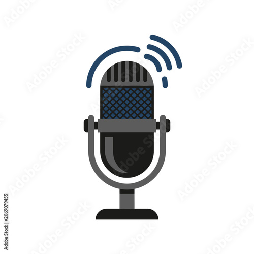 фотографія A vintage-style microphone rests on a sturdy stand in studio light