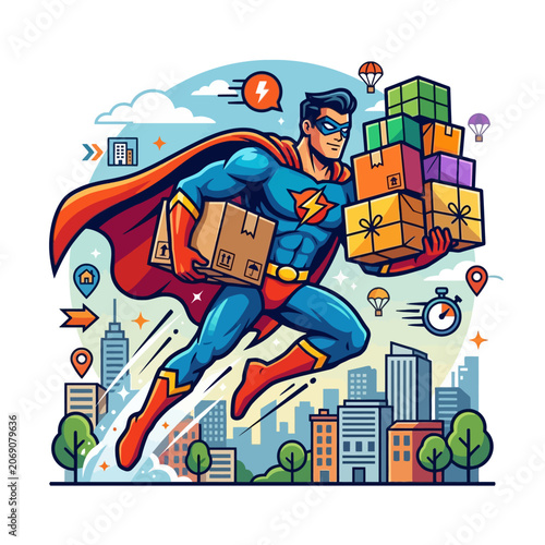 Tableau sur toile Dynamic superhero courier delivers gift packages across the city