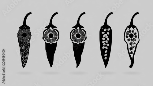 Five silhouettes illustrate different internal structures of hot peppers against a neutral background