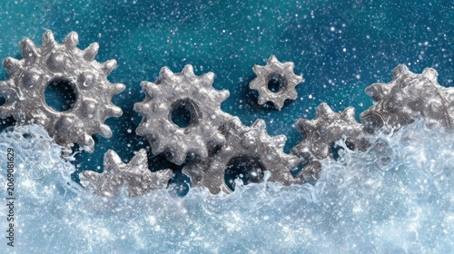 Metallic interlocking mechanisms churn within a turbulent, sparkling blue liquid environment.