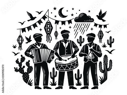 Linocut Style Illustration of Brazilian Forró Musicians with Accordion, Drum, and Triangle in Sertão Landscape
