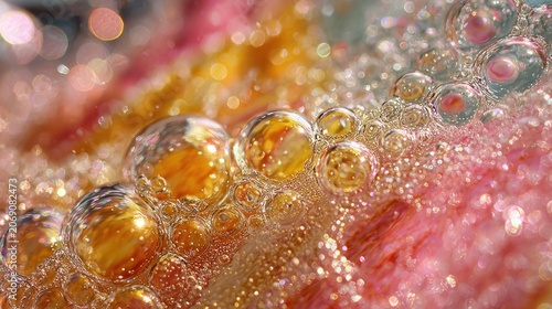 Numerous spherical air pockets rest upon a brightly colored, shimmering liquid surface