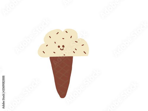 Cute chocolate chip ice cream cone character with smiling face, playful cartoon dessert illustration.