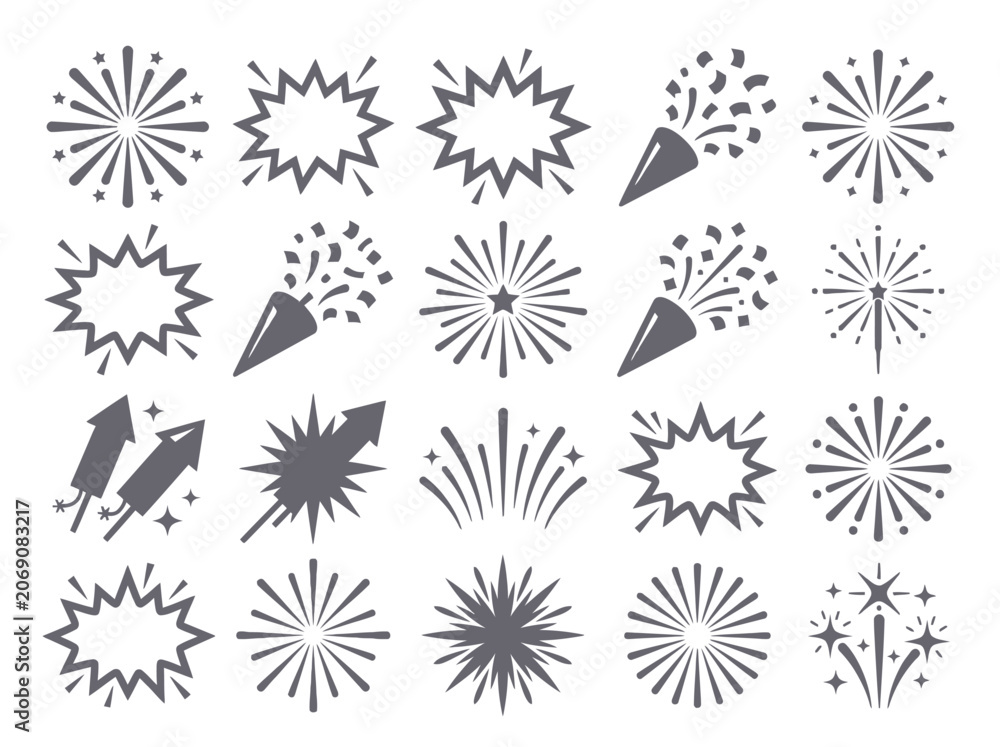 Obraz premium Flat Vector Celebration Icon Set of Fireworks, Confetti, and Starbursts in Blue and Gold