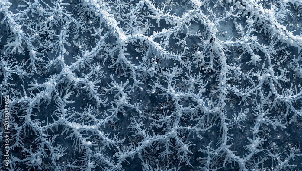 Fototapeta premium Frozen Frosted Branches Close-Up in Winter Scene with Ice Crystals and Snowflakes
